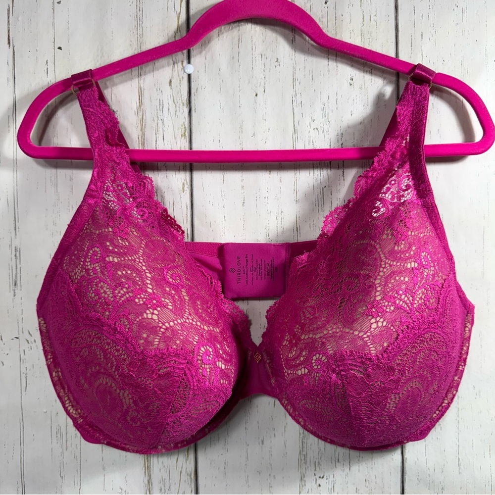 ThirdLove Lace Contour Plunge Bra Pink Over Beige Lace Coquette Underwire Padded - Picture 1 of 13